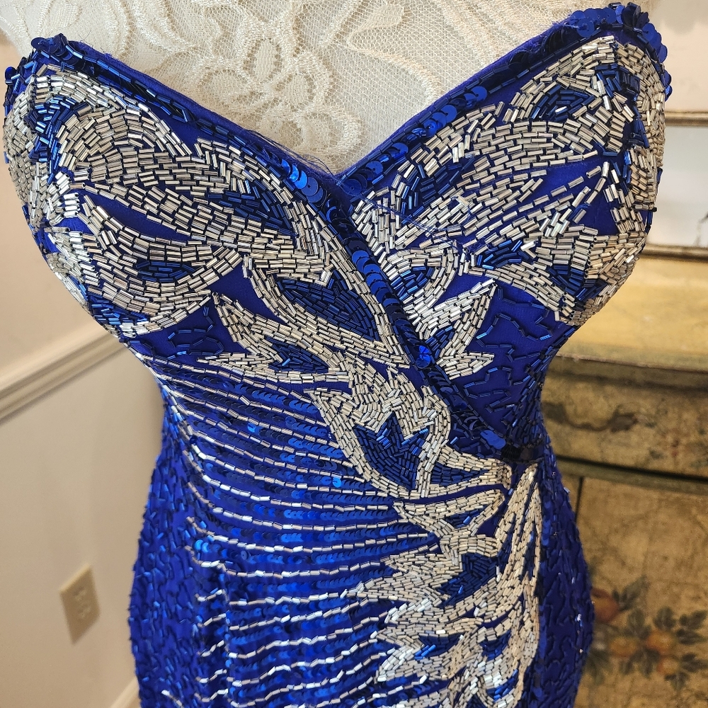 Della Roufogali Dore Fully Beaded Royal Blue & Silver 90s Evening Gown 4 Small - Picture 2 of 10
